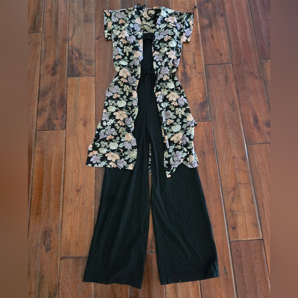 Vintage 70s Black Wide-Leg Jumpsuit with Floral Duster S
